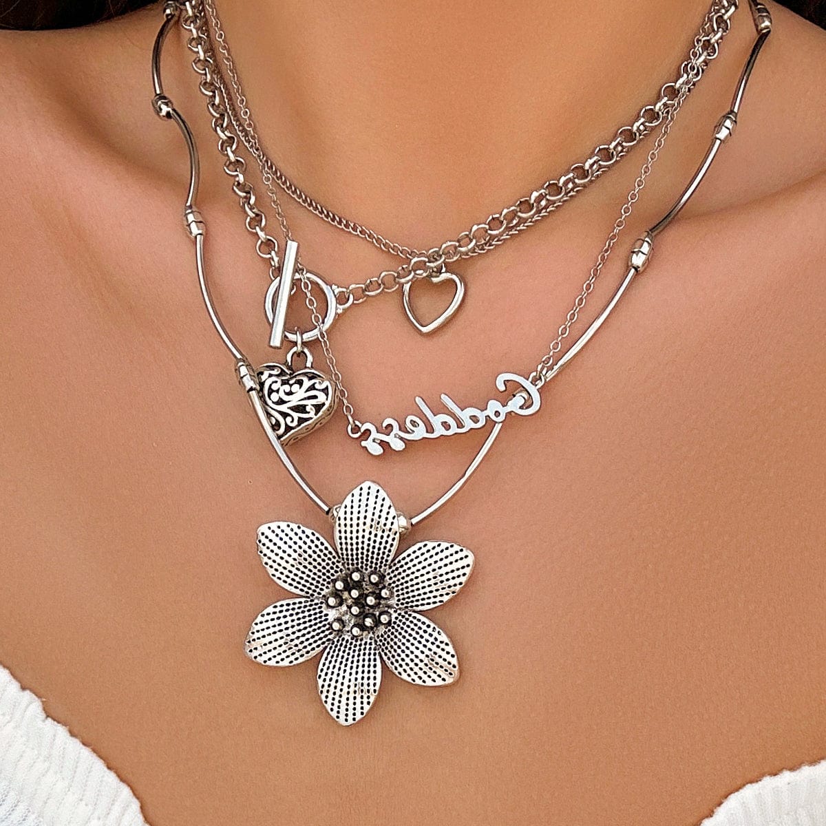 Punk Toggle Clasp Heart Goddess Flower Pendant Cable Chain Necklace Set - ArtGalleryZen