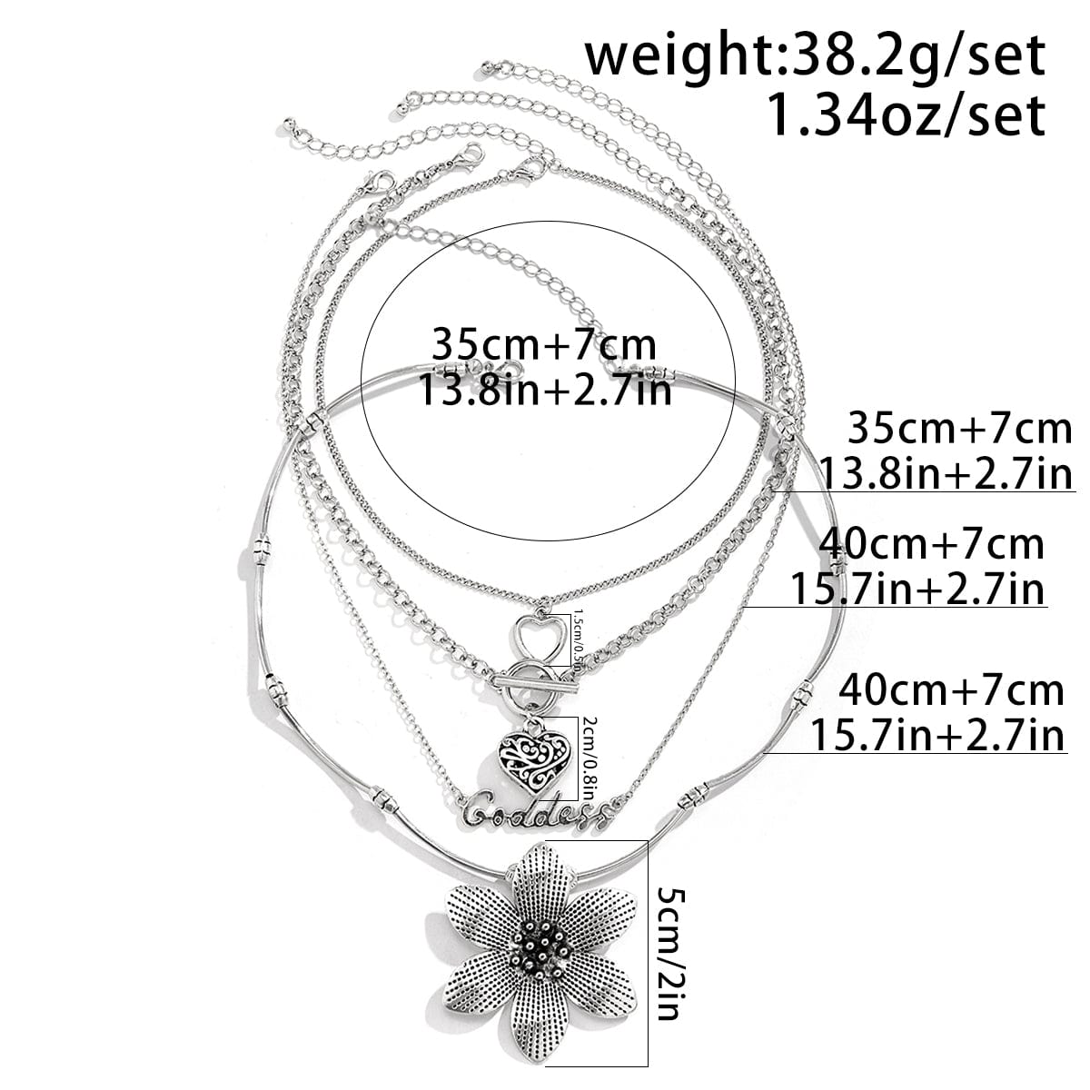 Punk Toggle Clasp Heart Goddess Flower Pendant Cable Chain Necklace Set - ArtGalleryZen