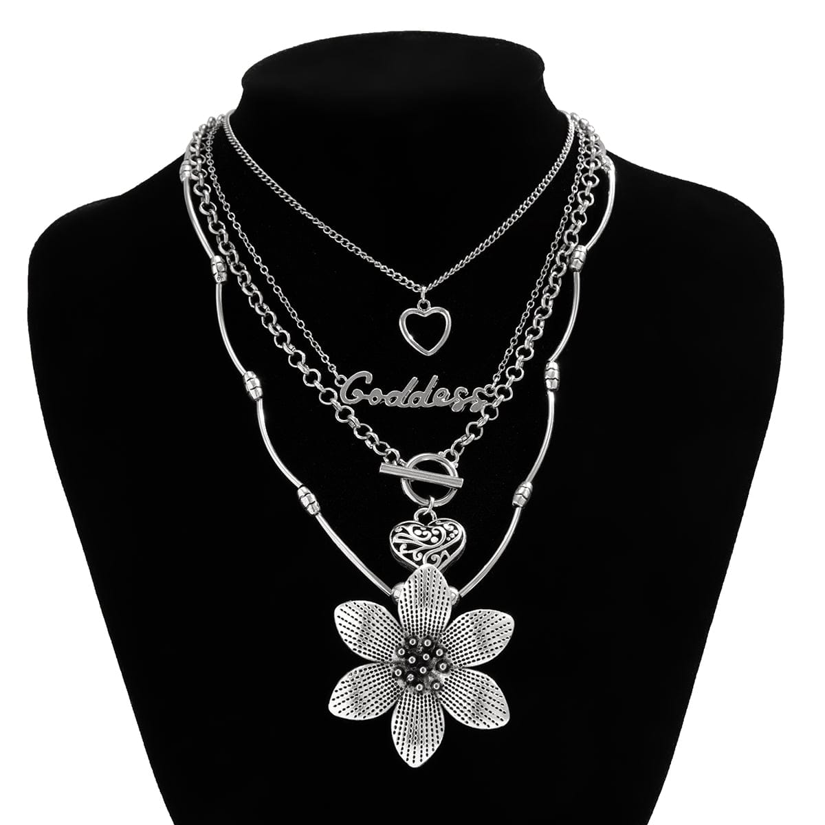 Punk Toggle Clasp Heart Goddess Flower Pendant Cable Chain Necklace Set - ArtGalleryZen