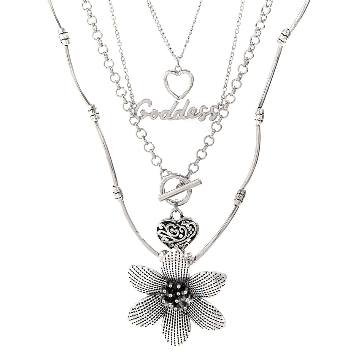 Punk Toggle Clasp Heart Goddess Flower Pendant Cable Chain Necklace Set - ArtGalleryZen