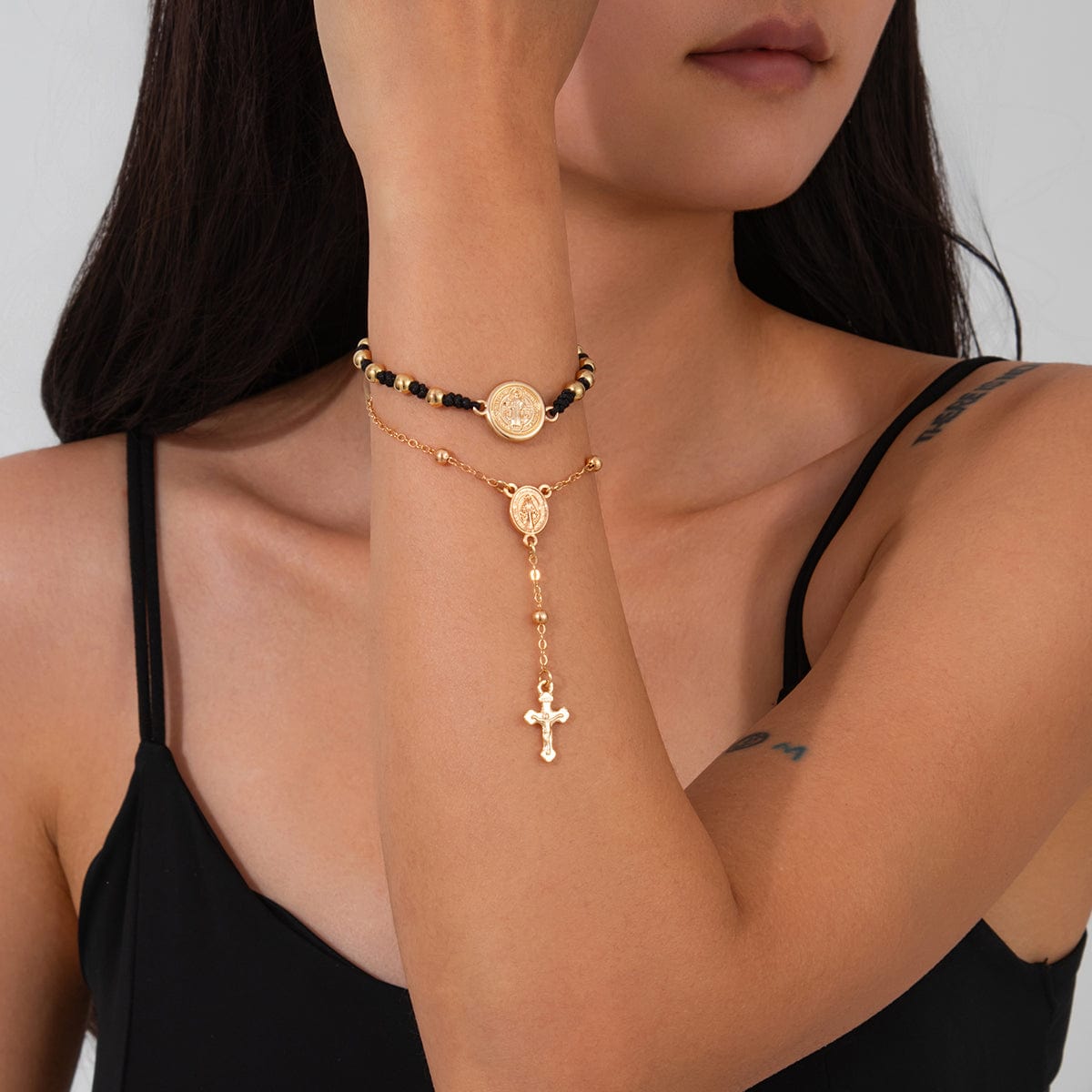 Retro 2pcs Cross Relief Disk Charm Braided Jade Cord Bracelet Set - ArtGalleryZen