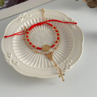 Thumbnail for Retro 2pcs Cross Relief Disk Charm Braided Jade Cord Bracelet Set - ArtGalleryZen