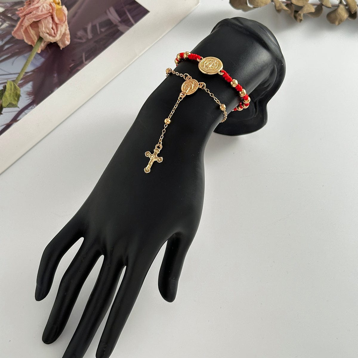 Retro 2pcs Cross Relief Disk Charm Braided Jade Cord Bracelet Set - ArtGalleryZen