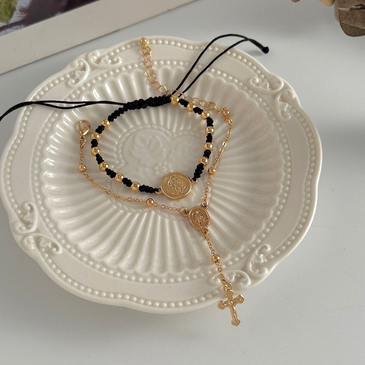 Retro 2pcs Cross Relief Disk Charm Braided Jade Cord Bracelet Set - ArtGalleryZen