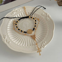 Thumbnail for Retro 2pcs Cross Relief Disk Charm Braided Jade Cord Bracelet Set - ArtGalleryZen