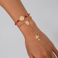 Thumbnail for Retro 2pcs Cross Relief Disk Charm Braided Jade Cord Bracelet Set - ArtGalleryZen