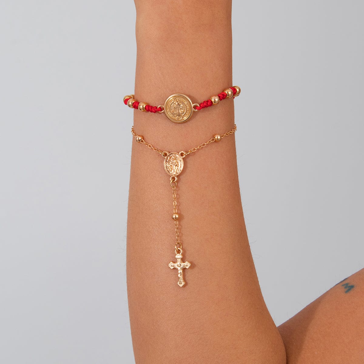 Retro 2pcs Cross Relief Disk Charm Braided Jade Cord Bracelet Set - ArtGalleryZen