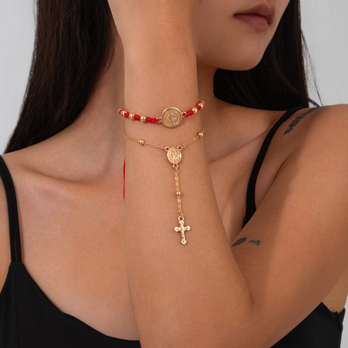 Retro 2pcs Cross Relief Disk Charm Braided Jade Cord Bracelet Set - ArtGalleryZen