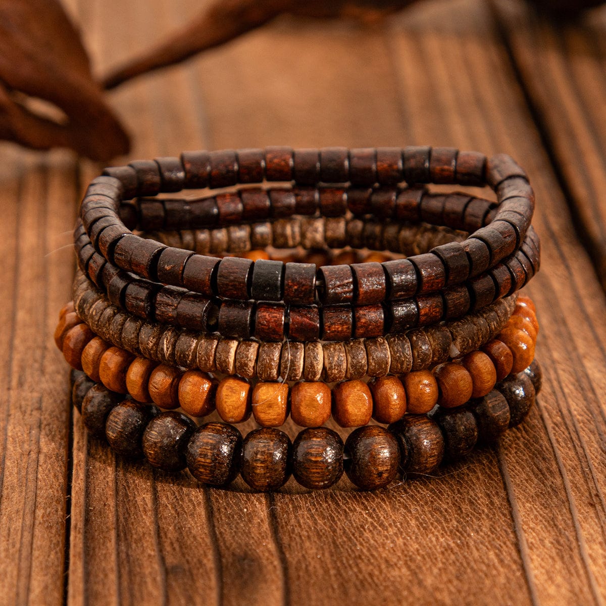 Retro 5pcs Coconut Shell Wood Beaded Chain Bracelet Set - ArtGalleryZen