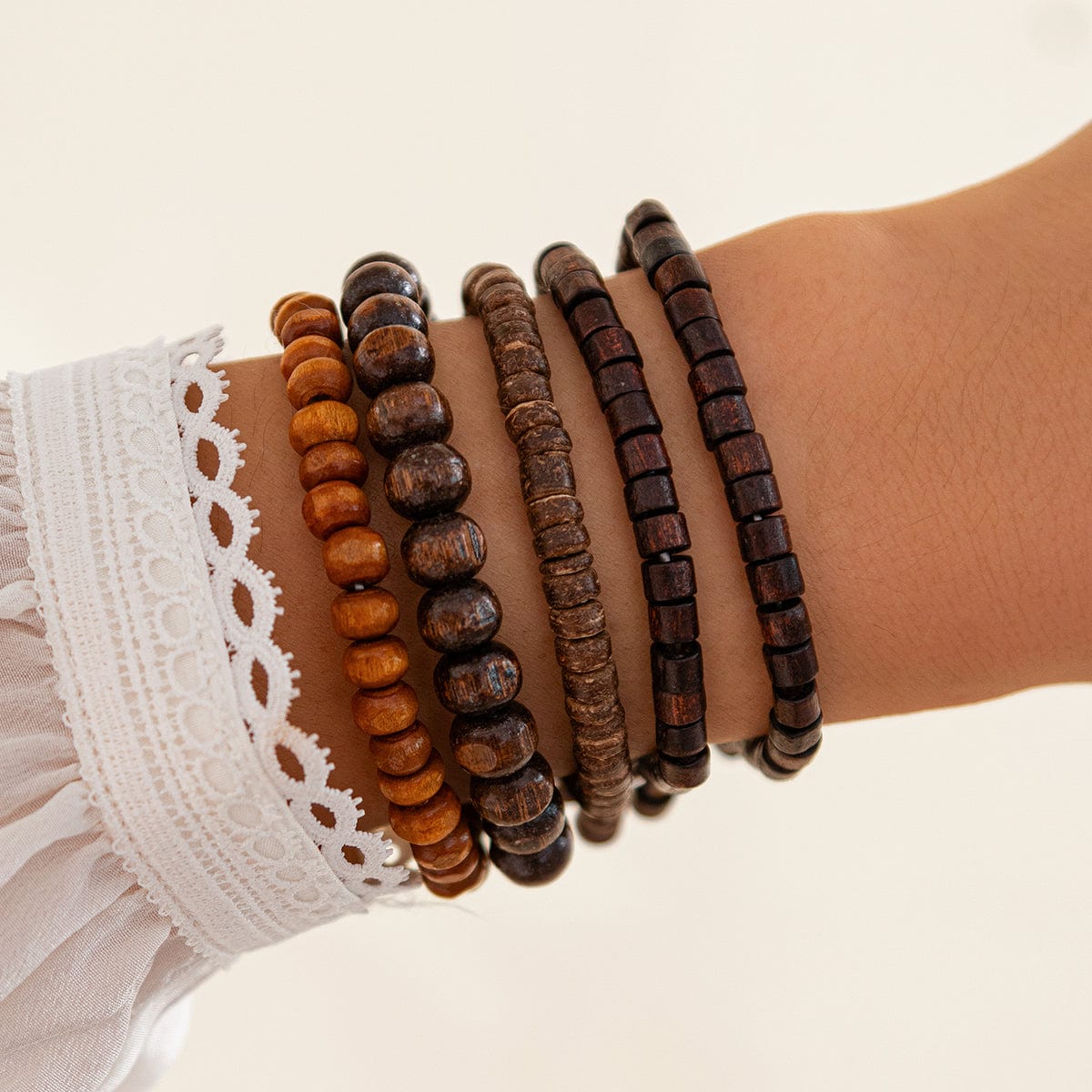 Retro 5pcs Coconut Shell Wood Beaded Chain Bracelet Set