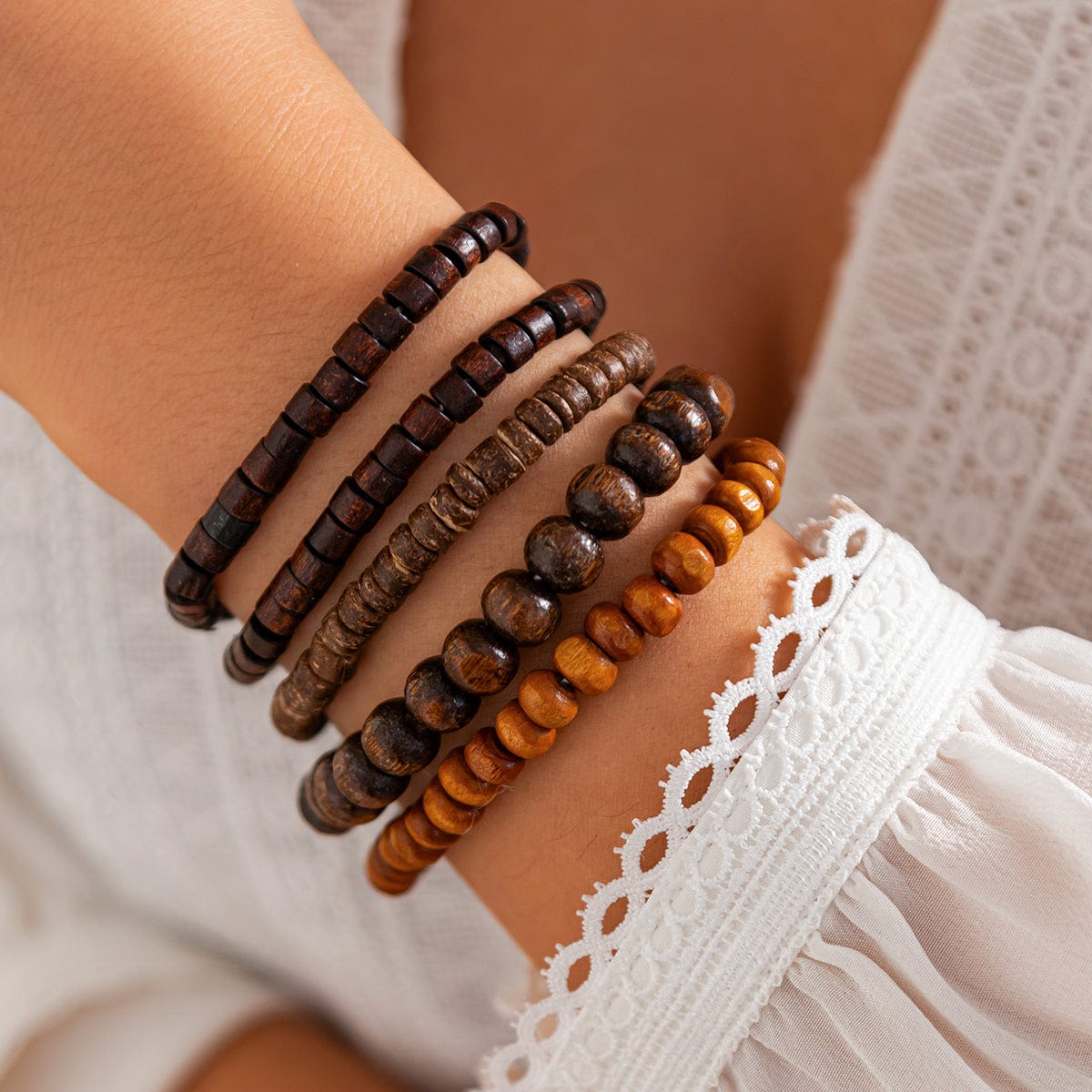 Retro 5pcs Coconut Shell Wood Beaded Chain Bracelet Set