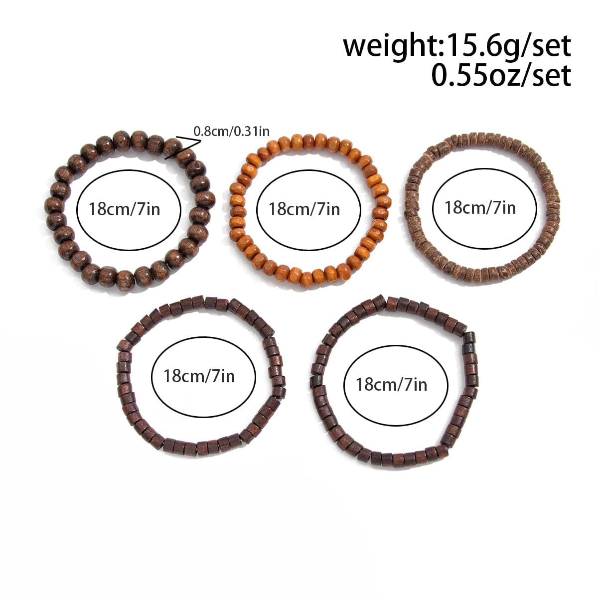 Retro 5pcs Coconut Shell Wood Beaded Chain Bracelet Set