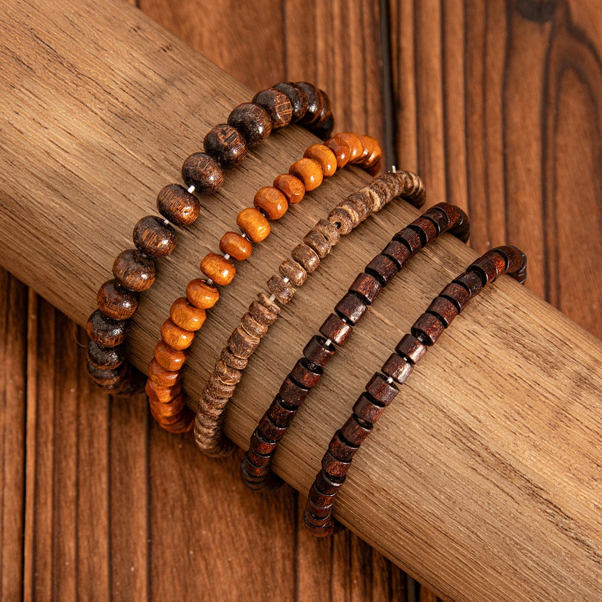 Retro 5pcs Coconut Shell Wood Beaded Chain Bracelet Set