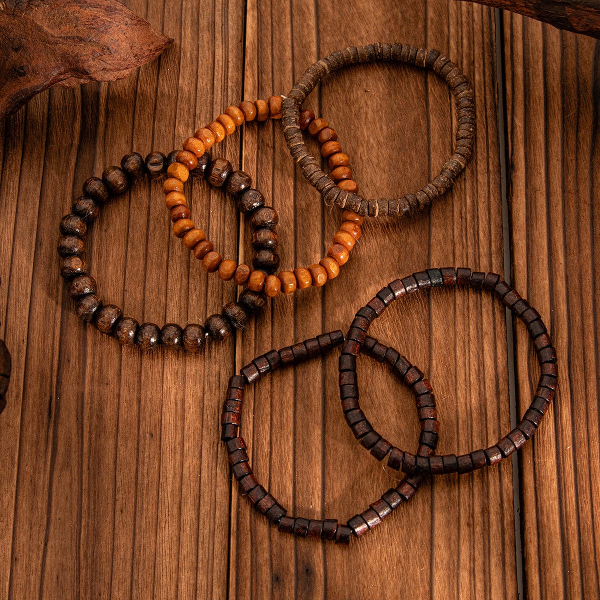 Retro 5pcs Coconut Shell Wood Beaded Chain Bracelet Set