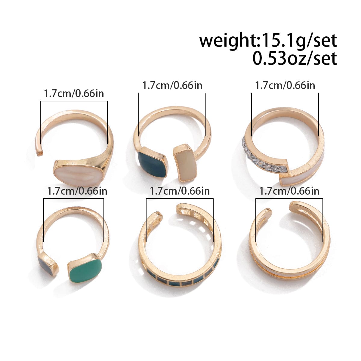 Retro 6pcs Gold Silver Plated Irregular Enamel Open Ring Set