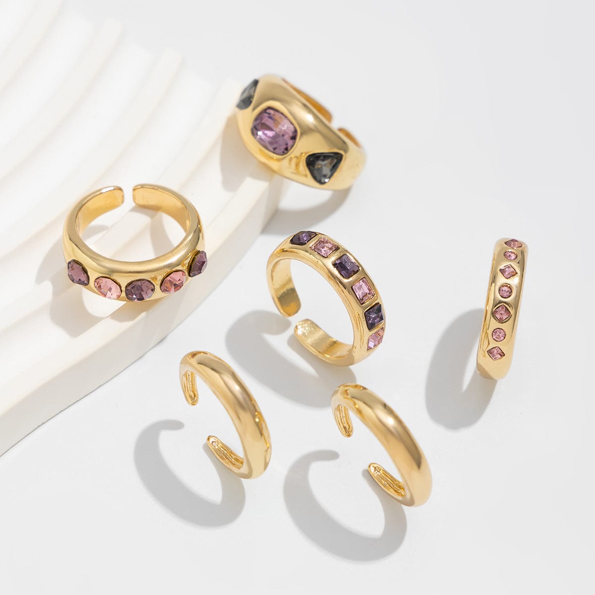 Retro 6pcs Rhinestone Inlaid Glossy Open Ring Set - ArtGalleryZen