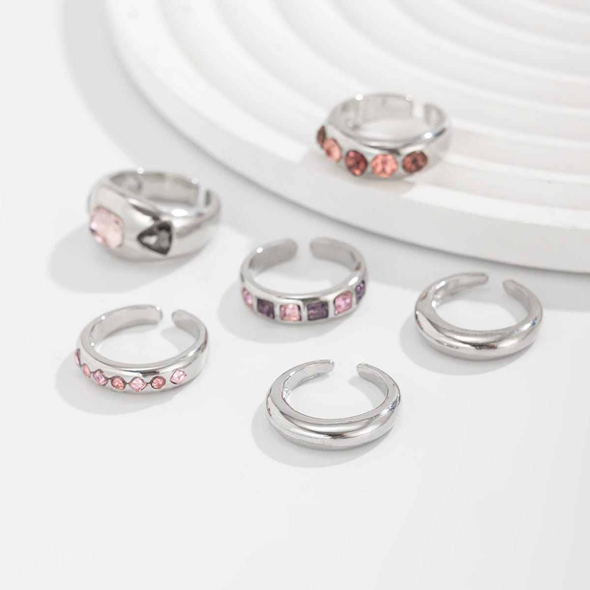 Retro 6pcs Rhinestone Inlaid Glossy Open Ring Set - ArtGalleryZen