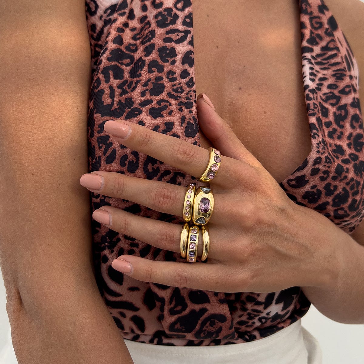 Retro 6pcs Rhinestone Inlaid Glossy Open Ring Set - ArtGalleryZen