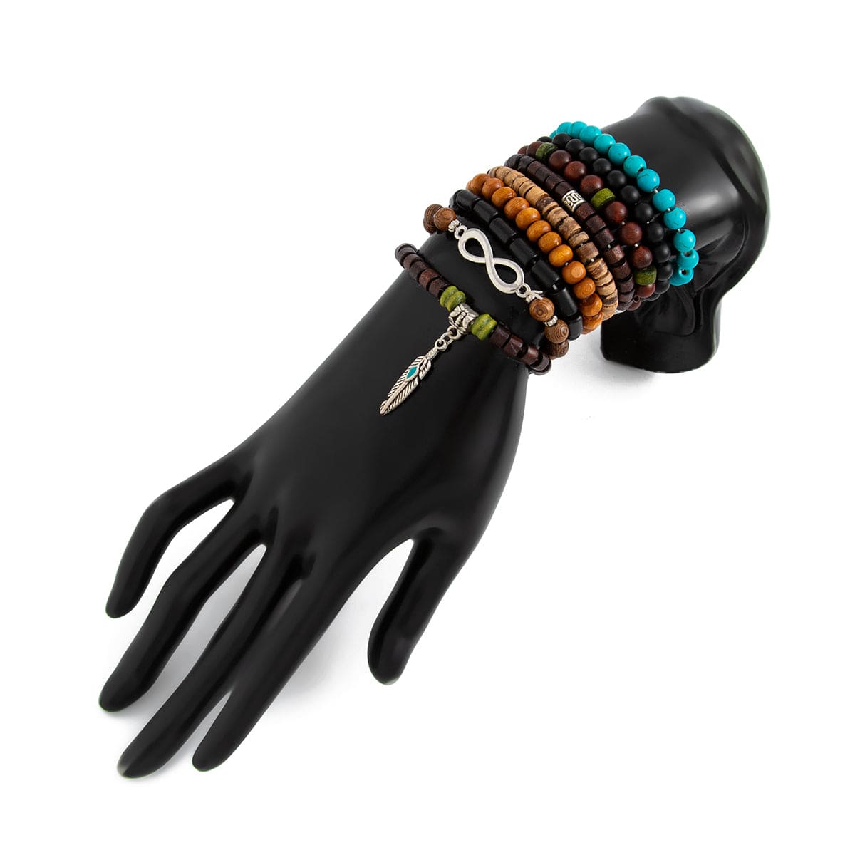 Retro 9pcs Infinity Symbol Feather Charm Turquoise Coconut Shell Wood Beaded Chain Bracelet Set - ArtGalleryZen