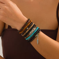 Thumbnail for Retro 9pcs Infinity Symbol Feather Charm Turquoise Coconut Shell Wood Beaded Chain Bracelet Set - ArtGalleryZen