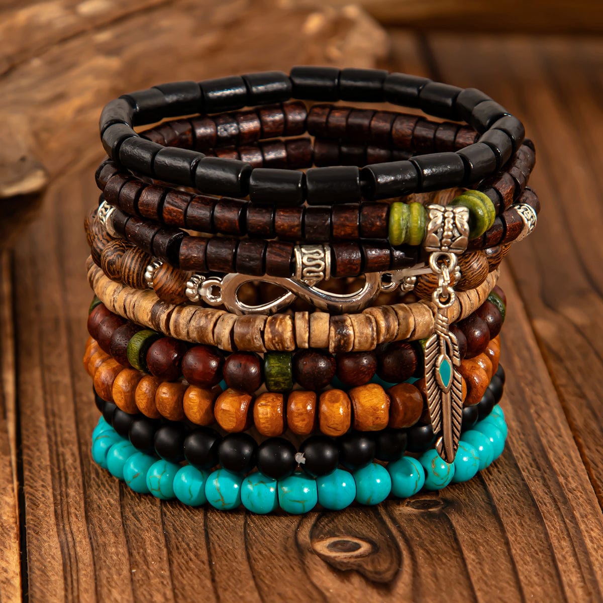Retro 9pcs Infinity Symbol Feather Charm Turquoise Coconut Shell Wood Beaded Chain Bracelet Set - ArtGalleryZen