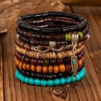 Thumbnail for Retro 9pcs Infinity Symbol Feather Charm Turquoise Coconut Shell Wood Beaded Chain Bracelet Set - ArtGalleryZen