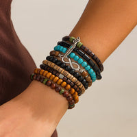 Thumbnail for Retro 9pcs Infinity Symbol Feather Charm Turquoise Coconut Shell Wood Beaded Chain Bracelet Set