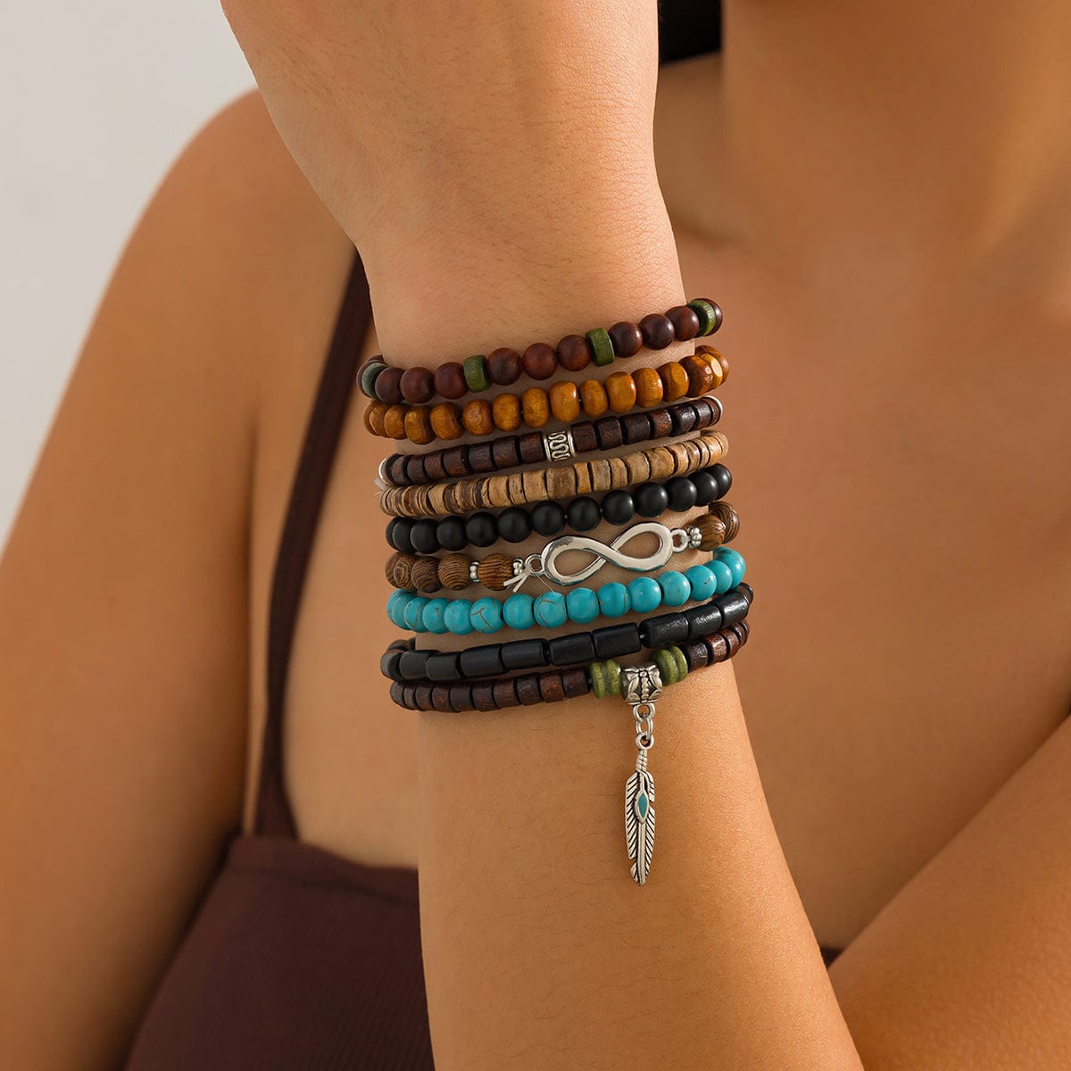 Retro 9pcs Infinity Symbol Feather Charm Turquoise Coconut Shell Wood Beaded Chain Bracelet Set