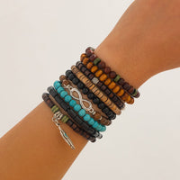 Thumbnail for Retro 9pcs Infinity Symbol Feather Charm Turquoise Coconut Shell Wood Beaded Chain Bracelet Set