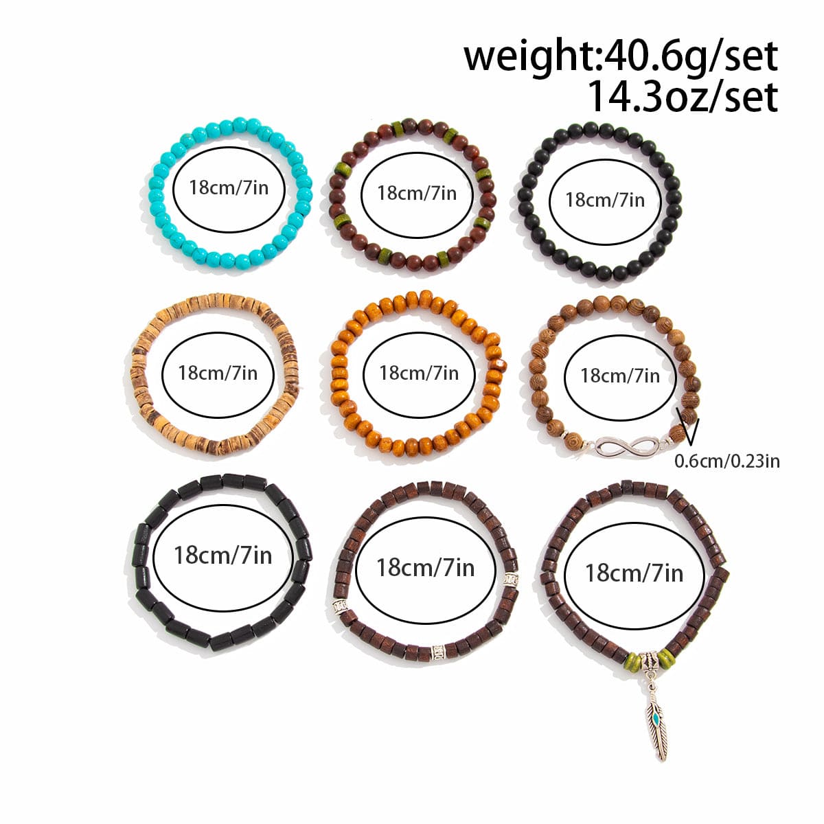 Retro 9pcs Infinity Symbol Feather Charm Turquoise Coconut Shell Wood Beaded Chain Bracelet Set