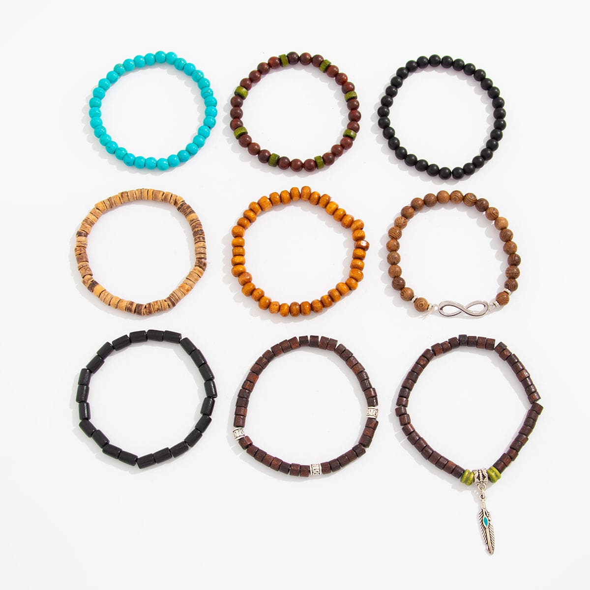 Retro 9pcs Infinity Symbol Feather Charm Turquoise Coconut Shell Wood Beaded Chain Bracelet Set