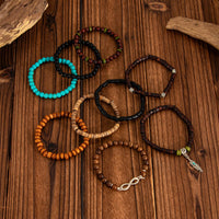 Thumbnail for Retro 9pcs Infinity Symbol Feather Charm Turquoise Coconut Shell Wood Beaded Chain Bracelet Set