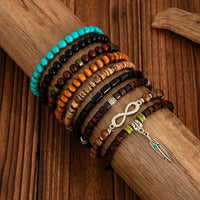 Thumbnail for Retro 9pcs Infinity Symbol Feather Charm Turquoise Coconut Shell Wood Beaded Chain Bracelet Set