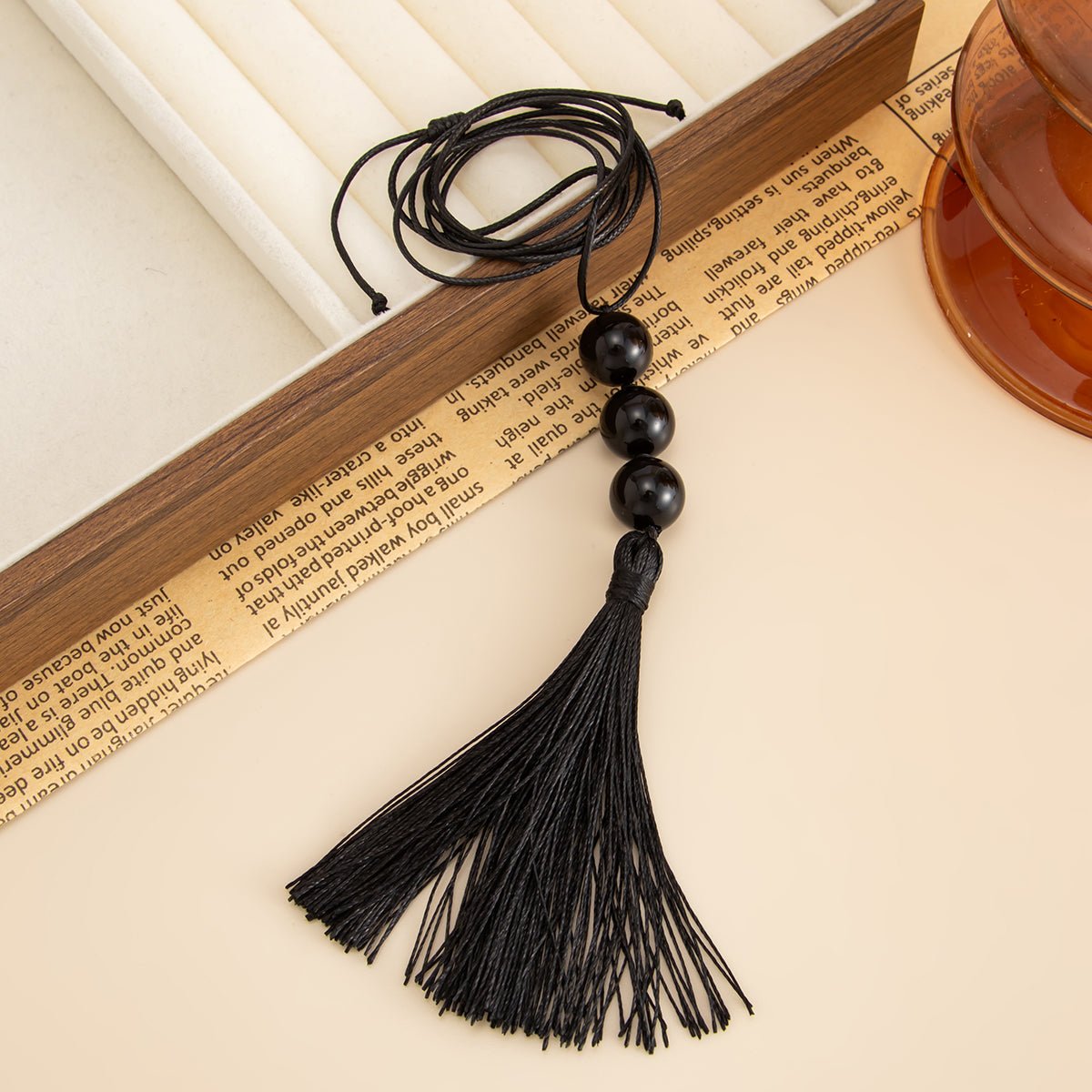Retro Black Resin Beads Tassel Necklace Adjustable Wax Cord - ArtGalleryZen
