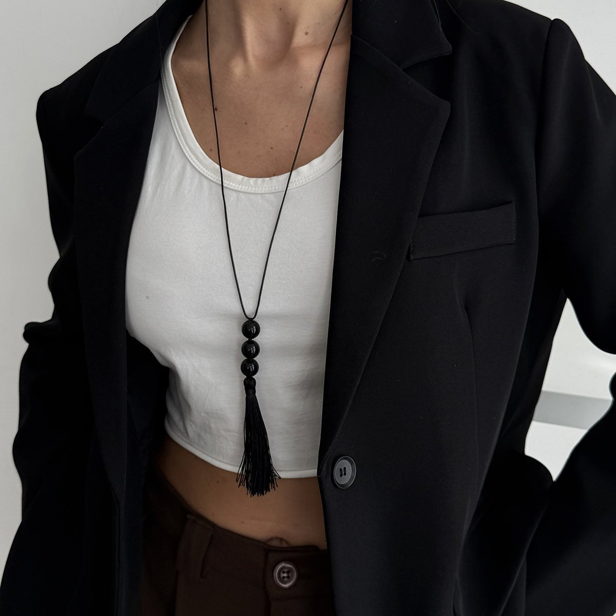 Retro Black Resin Beads Tassel Necklace Adjustable Wax Cord - ArtGalleryZen