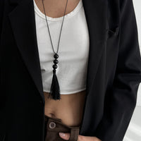 Thumbnail for Retro Black Resin Beads Tassel Necklace Adjustable Wax Cord - ArtGalleryZen