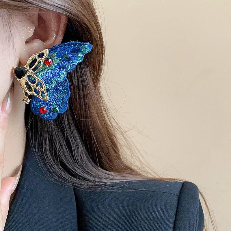 Retro Chunky Rhinestone Inlaid Embroidery Butterfly Stud Earrings - ArtGalleryZen