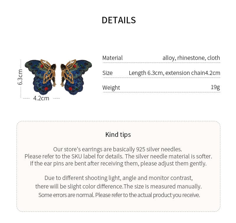Retro Chunky Rhinestone Inlaid Embroidery Butterfly Stud Earrings - ArtGalleryZen