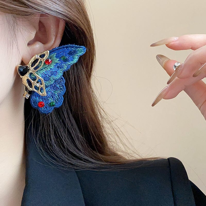 Retro Chunky Rhinestone Inlaid Embroidery Butterfly Stud Earrings - ArtGalleryZen