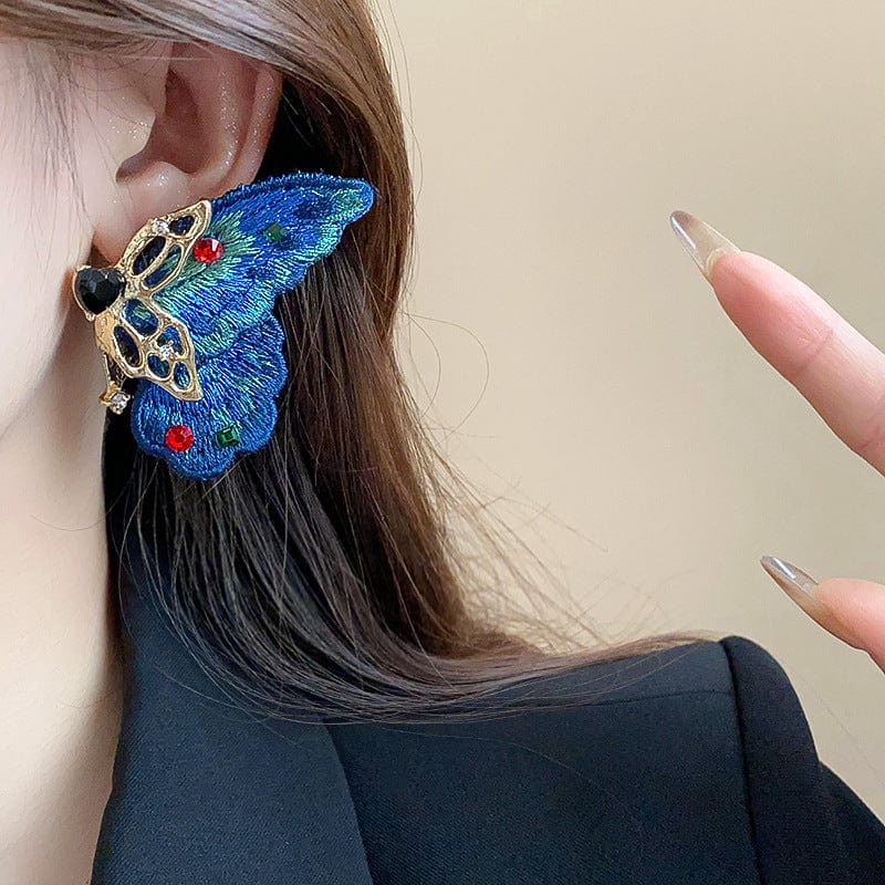 Retro Chunky Rhinestone Inlaid Embroidery Butterfly Stud Earrings - ArtGalleryZen