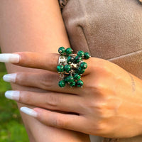 Thumbnail for Retro Chunky Tiger Stone Turquoise Pearl Tassel Wide Open Ring - ArtGalleryZen