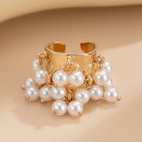 Thumbnail for Retro Chunky Tiger Stone Turquoise Pearl Tassel Wide Open Ring - ArtGalleryZen