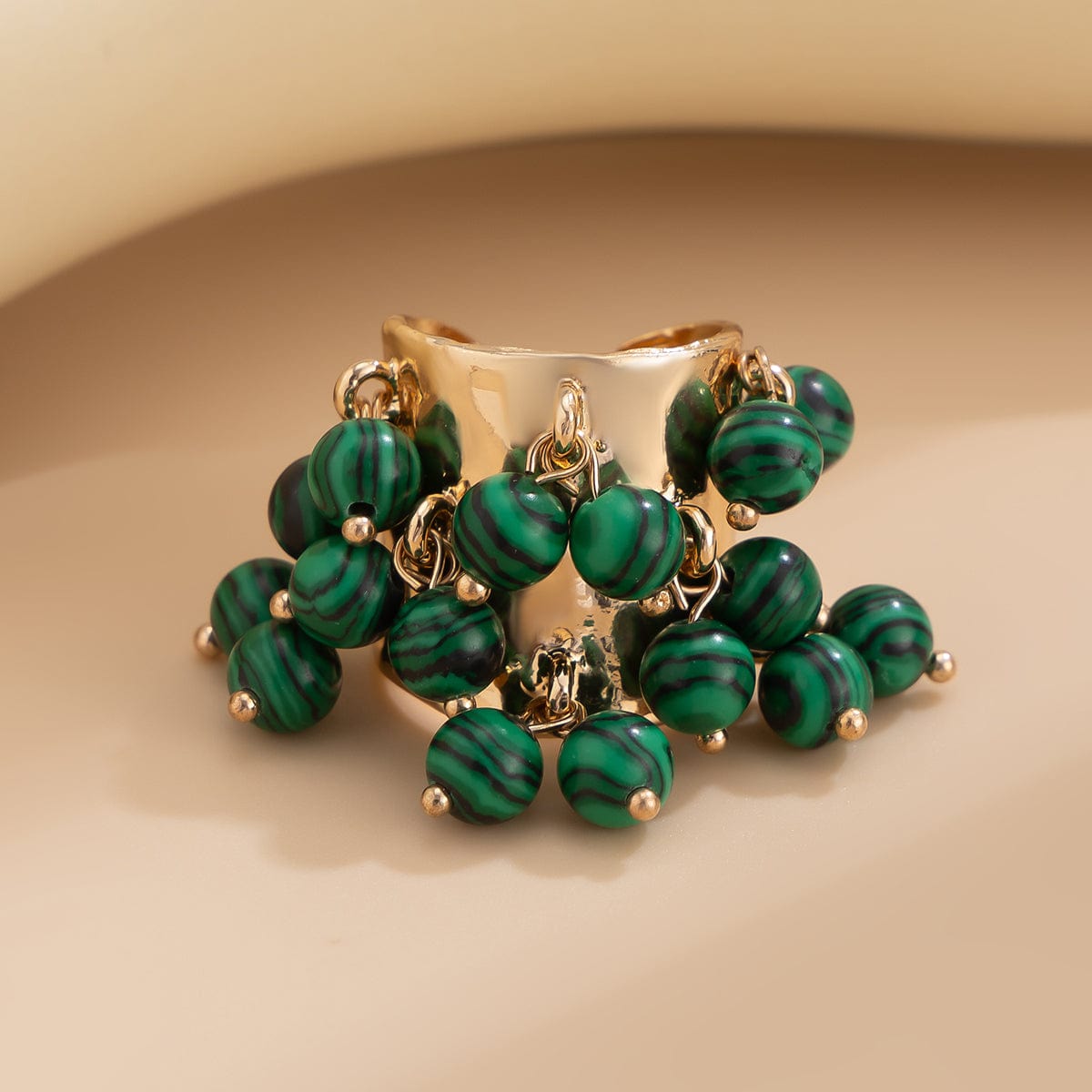 Retro Chunky Tiger Stone Turquoise Pearl Tassel Wide Open Ring - ArtGalleryZen