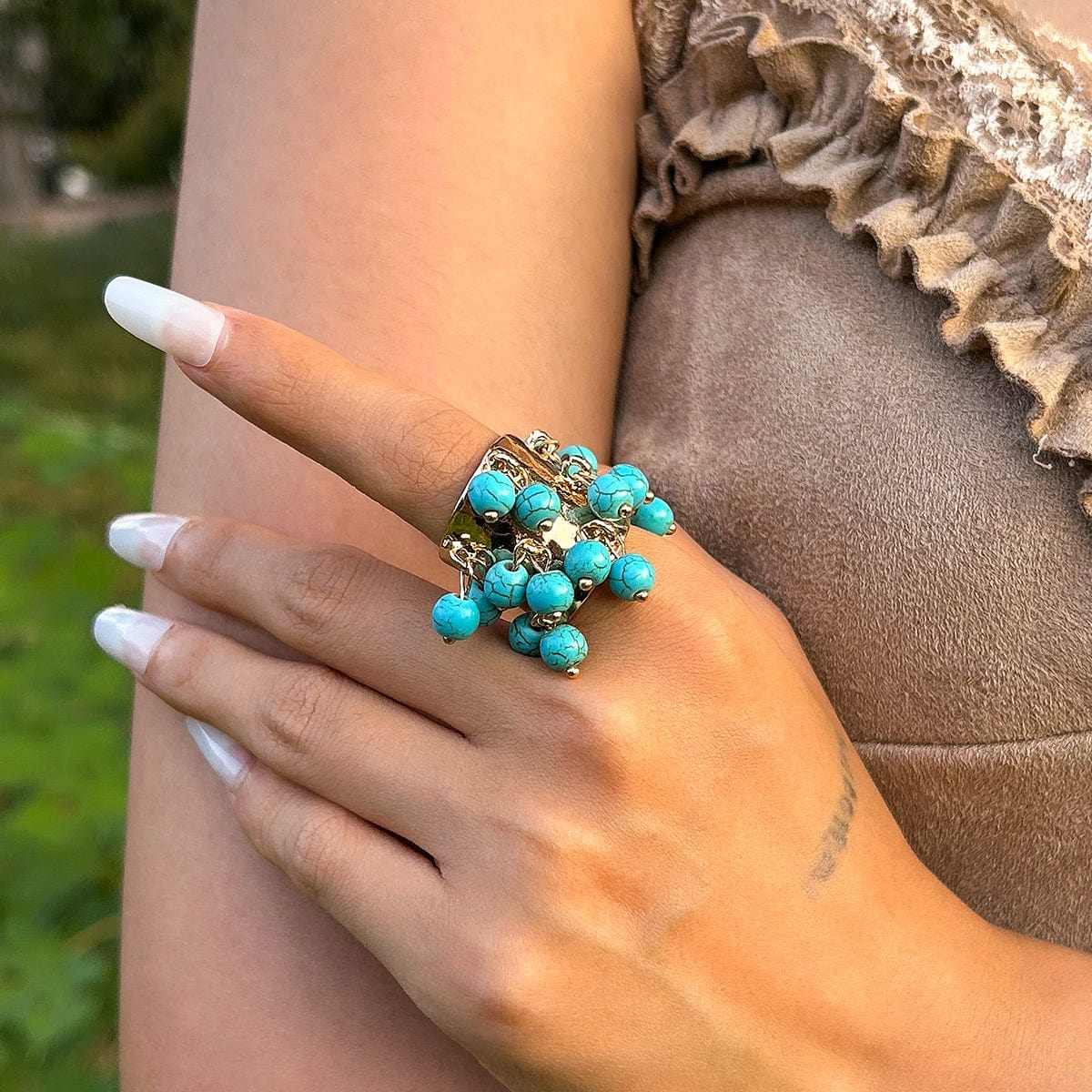 Retro Chunky Tiger Stone Turquoise Pearl Tassel Wide Open Ring