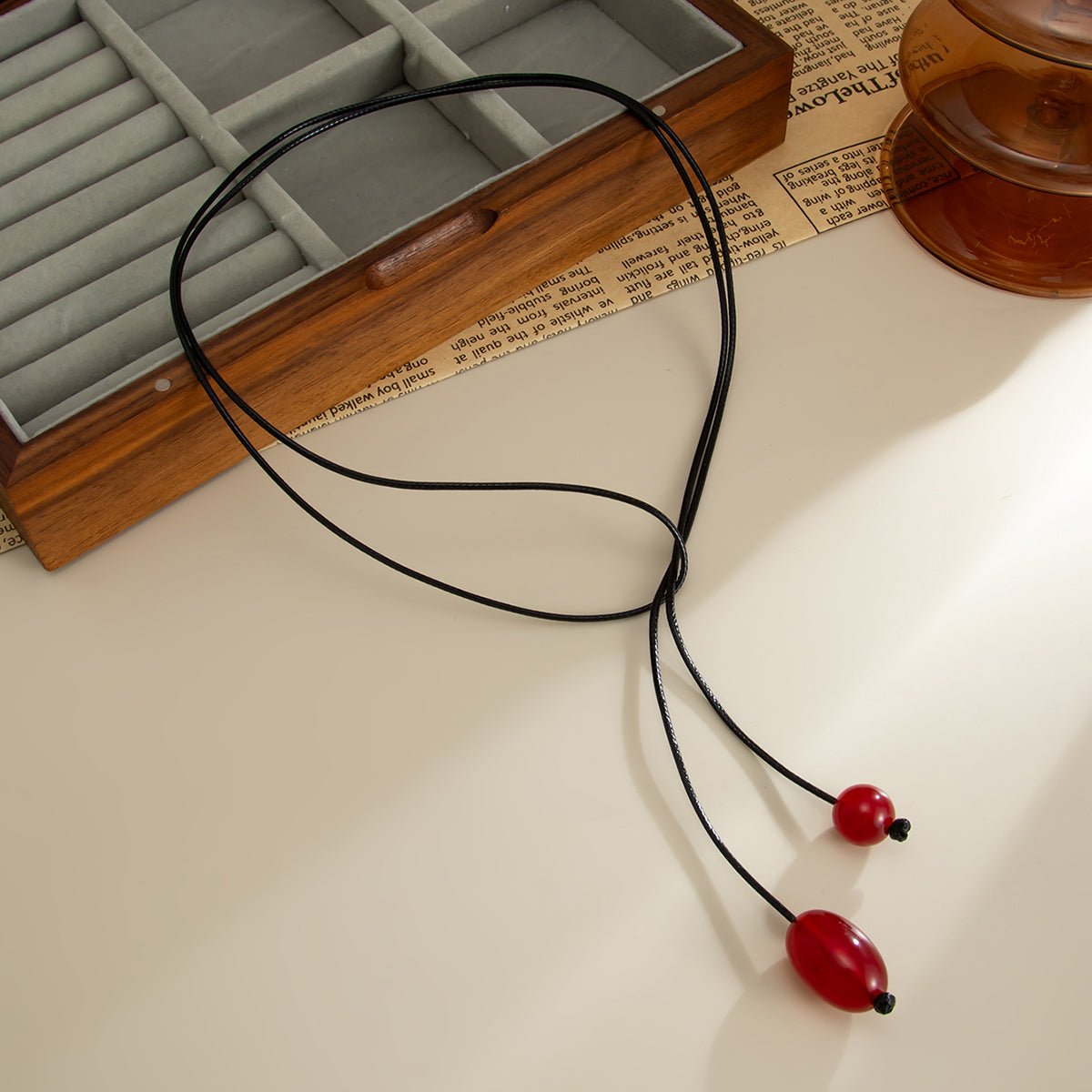 Retro Clear Resin Pendant Long Chain Necklace 45" Wax Cord - ArtGalleryZen