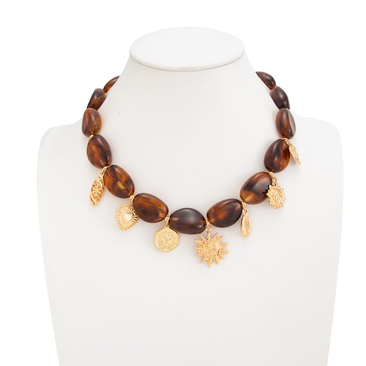 Retro Heart Sun Pendant Amber Beaded Necklace Vintage Boho Statement - ArtGalleryZen