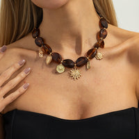 Thumbnail for Retro Heart Sun Pendant Amber Beaded Necklace Vintage Boho Statement - ArtGalleryZen