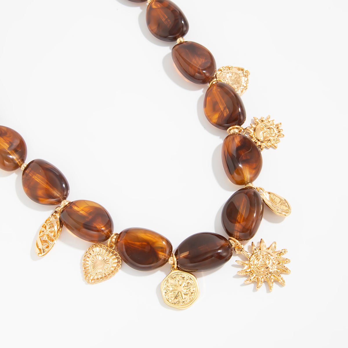 Retro Heart Sun Pendant Amber Beaded Necklace Vintage Boho Statement - ArtGalleryZen