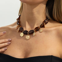 Thumbnail for Retro Heart Sun Pendant Amber Beaded Necklace Vintage Boho Statement - ArtGalleryZen