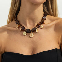 Thumbnail for Retro Heart Sun Pendant Amber Beaded Necklace Vintage Boho Statement - ArtGalleryZen